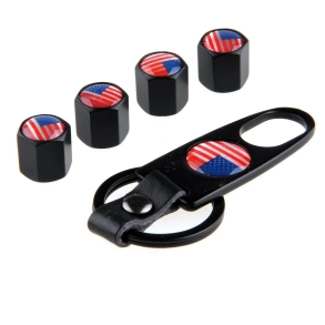 Nglering med 4 stk. dk ventil htter med US logo  (Tire Valve United States America Flag Logo) 